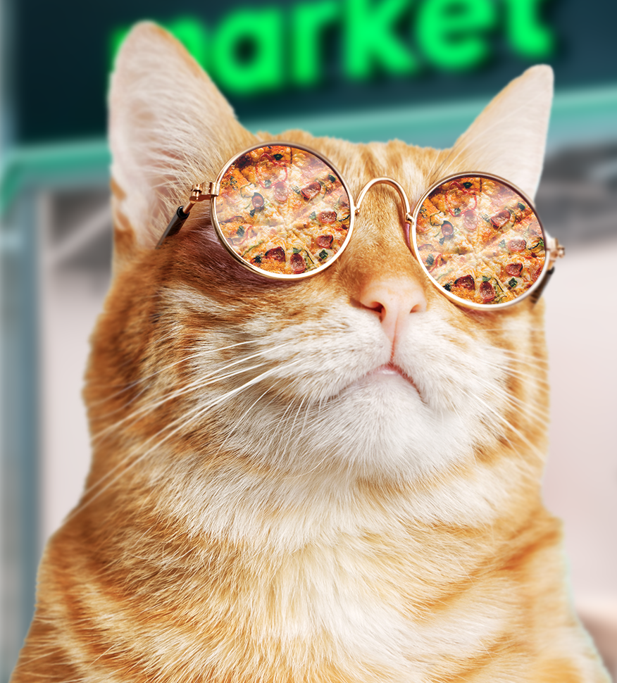 Bild av katt med pizza i blicken framför skylt av Aimo Market.